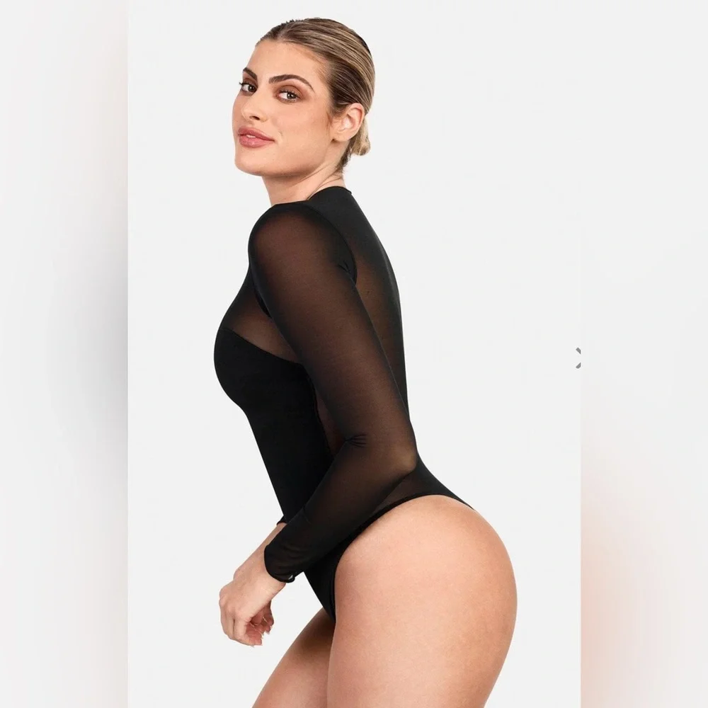 Shapewear Illusion Mesh Long Sleeve Tummy Control Bodysuit - Picture 2 of 7